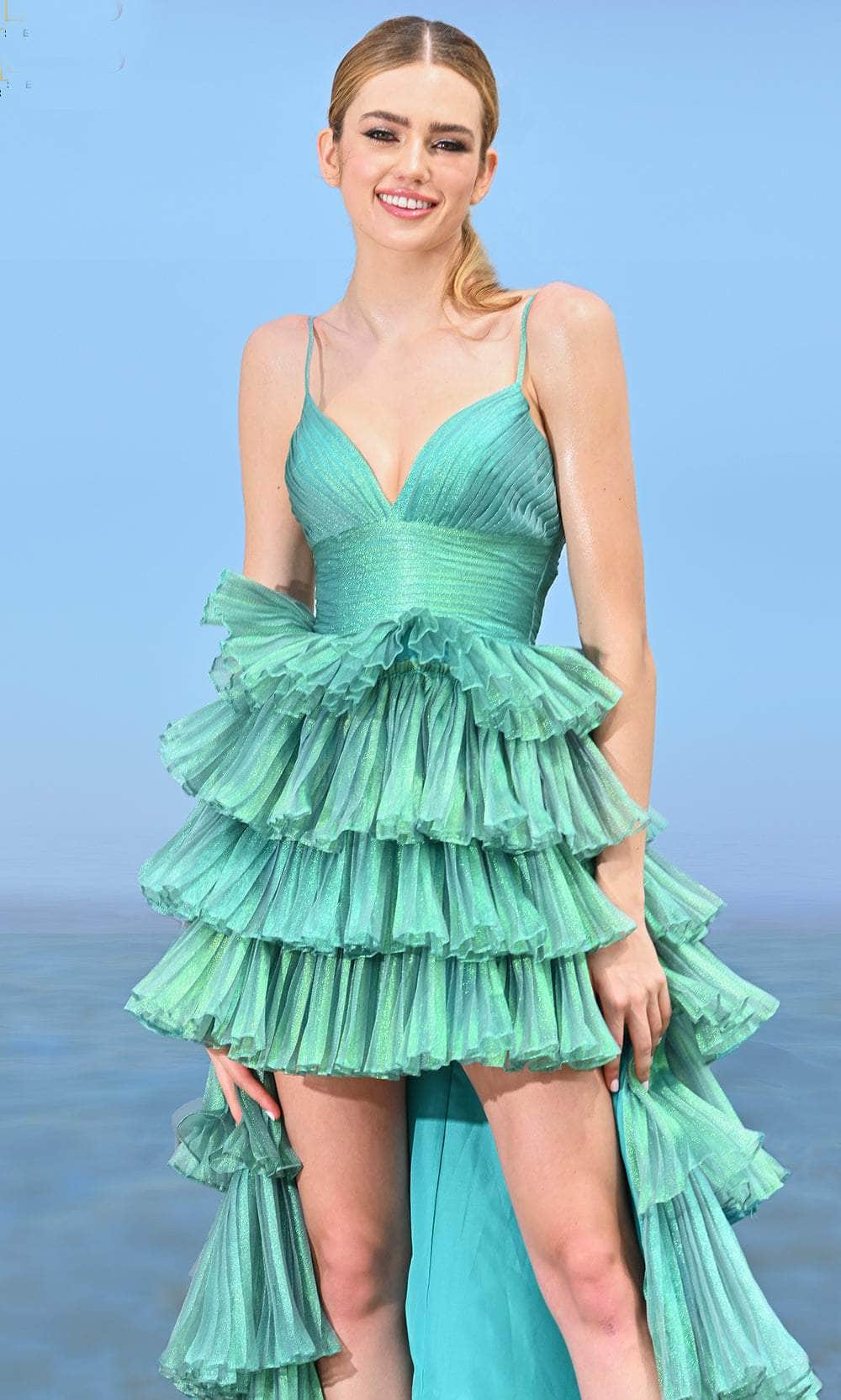 Colors Dress 3462 - Pleated Metallic High Low Prom Gown