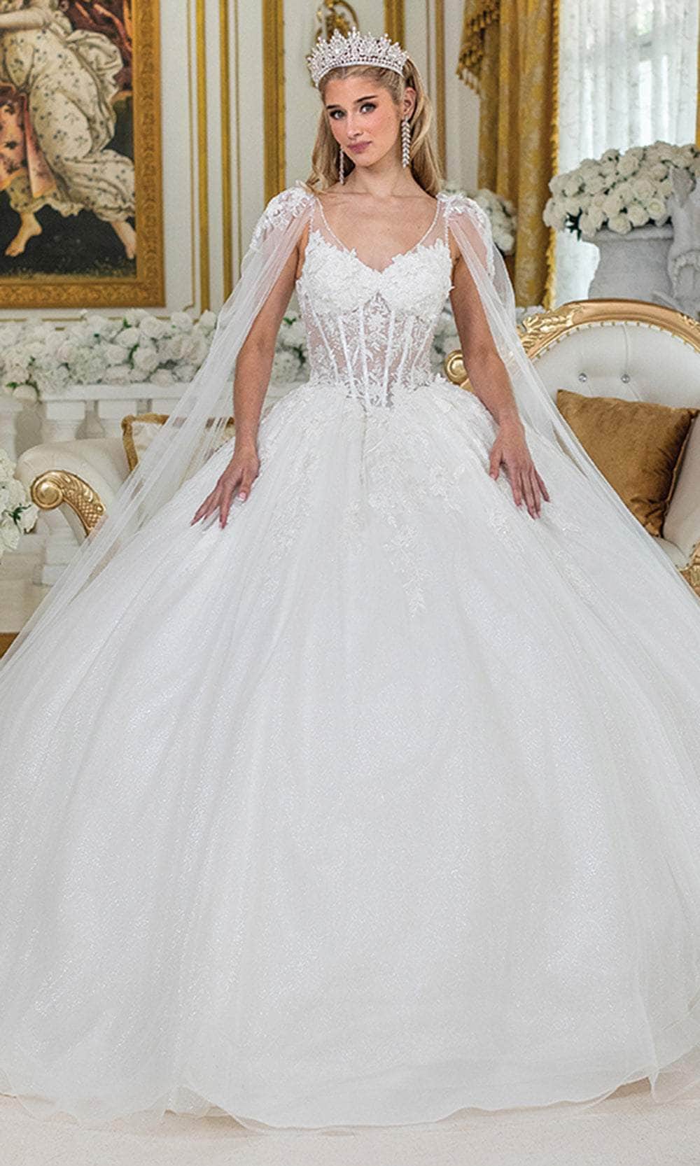 Dancing Queen Bridal 0293 - V-Neck Lace Ballgown with Cape Sleeve