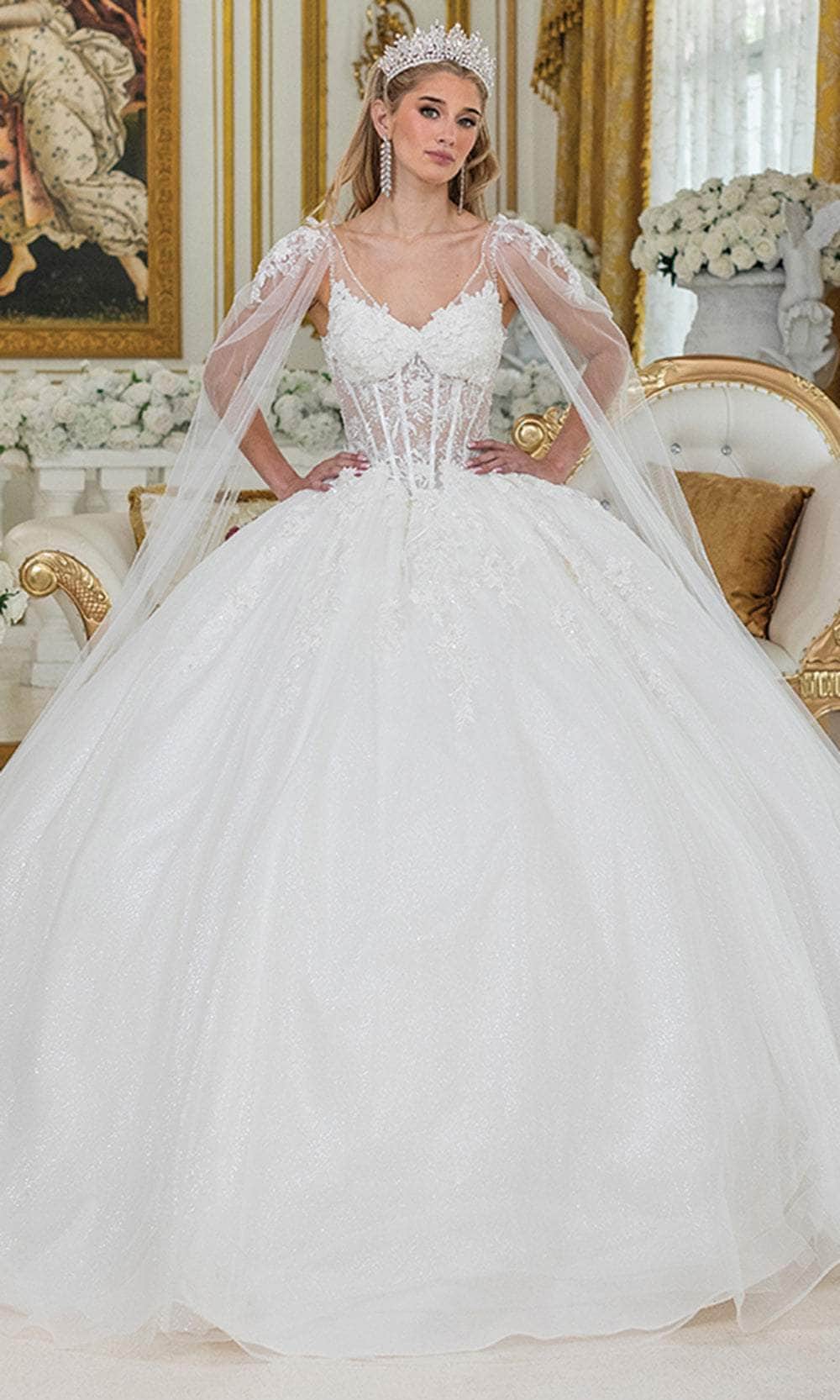 Dancing Queen Bridal 0293 - V-Neck Lace Ballgown with Cape Sleeve Wedding Dresses XS / Off White