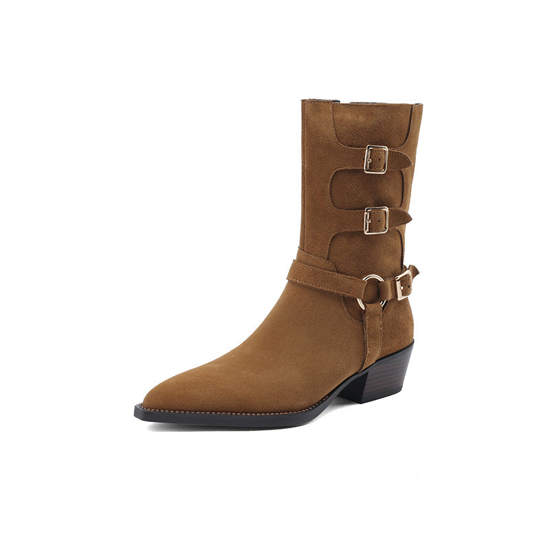 Womens Suede��Leather Mid Calf Boots 45mm Block Heel with Buckle Details In Black/Brown