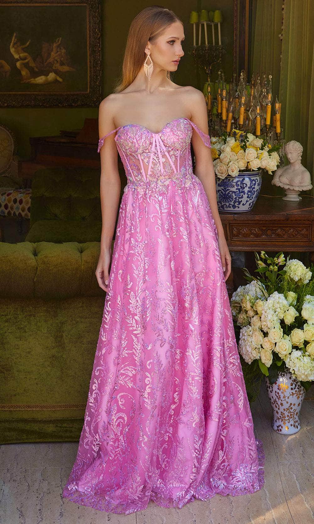 Elizabeth K GL3628 - Off-Shoulder Bejeweled A-Line Prom Gown Special Occasion Dress
