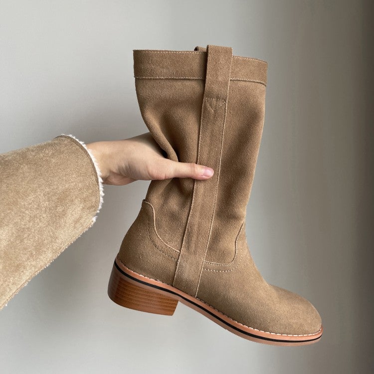 Womens Suede��Leather Mid Calf Boots In Black/Khaki