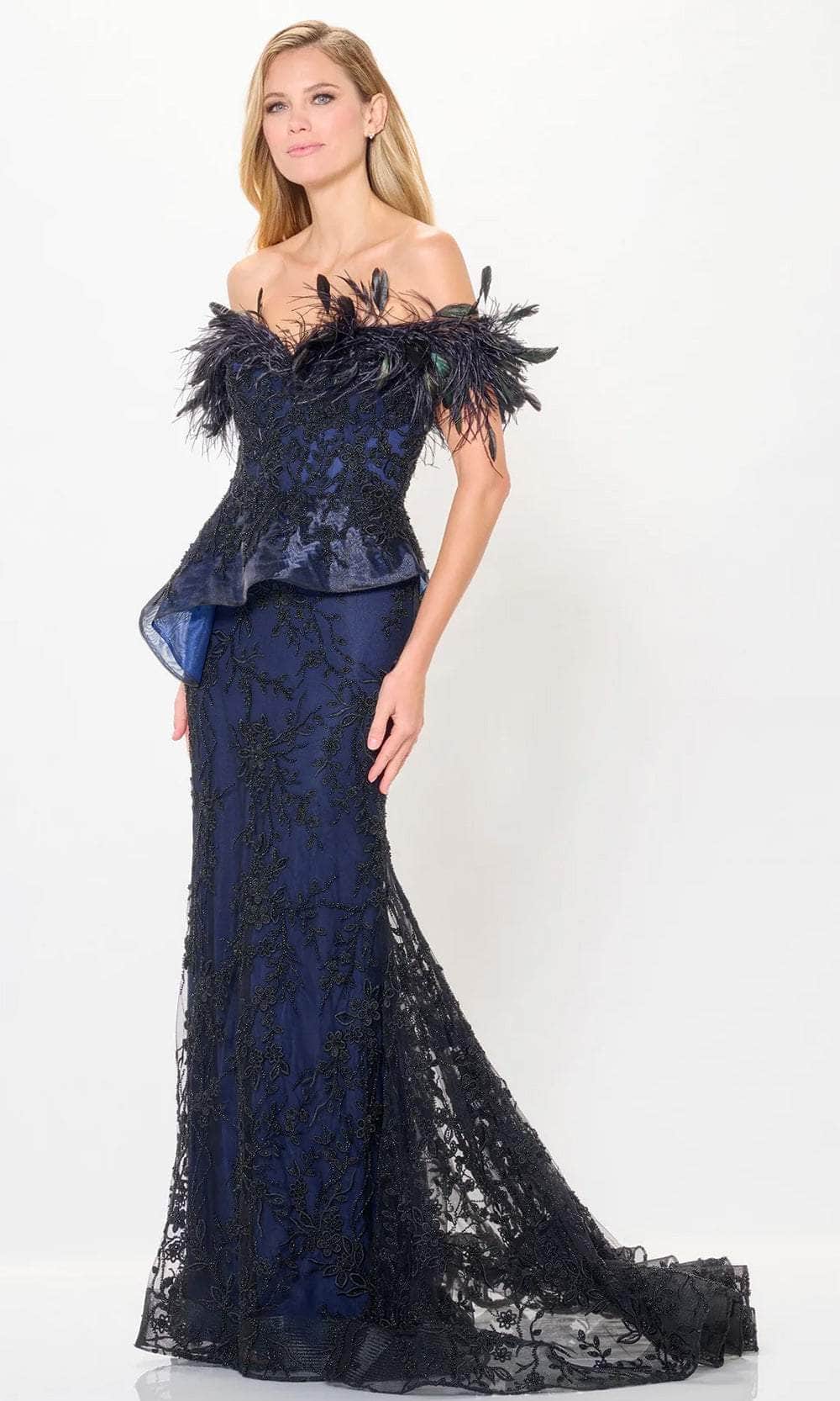 Ivonne D ID6208 - Feather Accent Formal Gown Mother-of-the-Bride-Dress 16 / Midnight