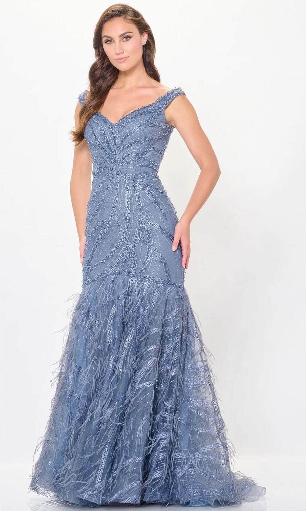 Ivonne D ID6213 - Feathered Flare Evening Gown Mother-of-the-Bride-Dress 12 / Wedgewood