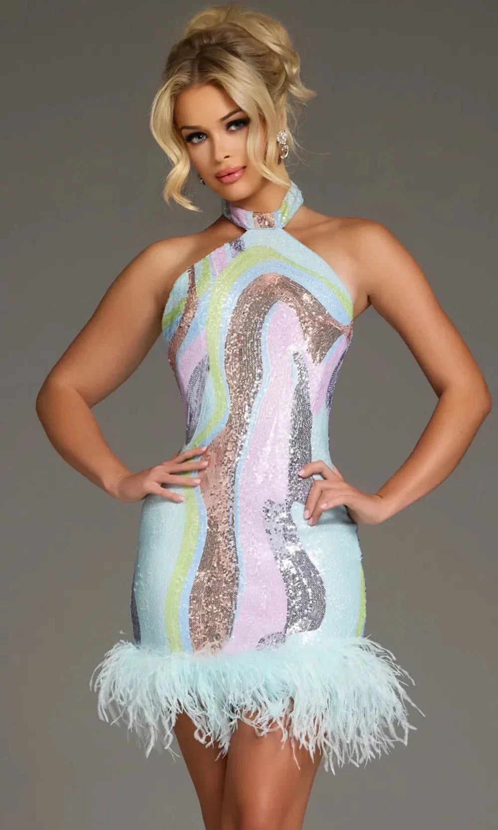 Jovani 40089 - Multicolor Sequin Halter Dress with Feathers