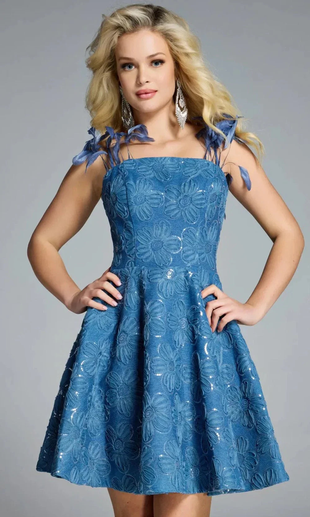 Jovani 44461 - Floral A-line Dress with Feathers