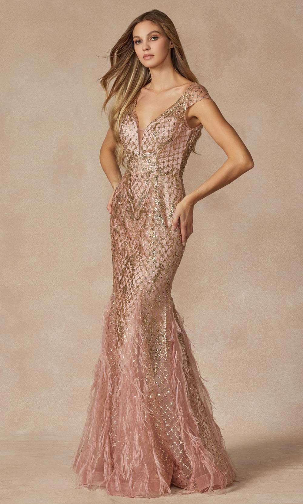 Juliet Dresses 286 - Sequin Feathered Mermaid Gown