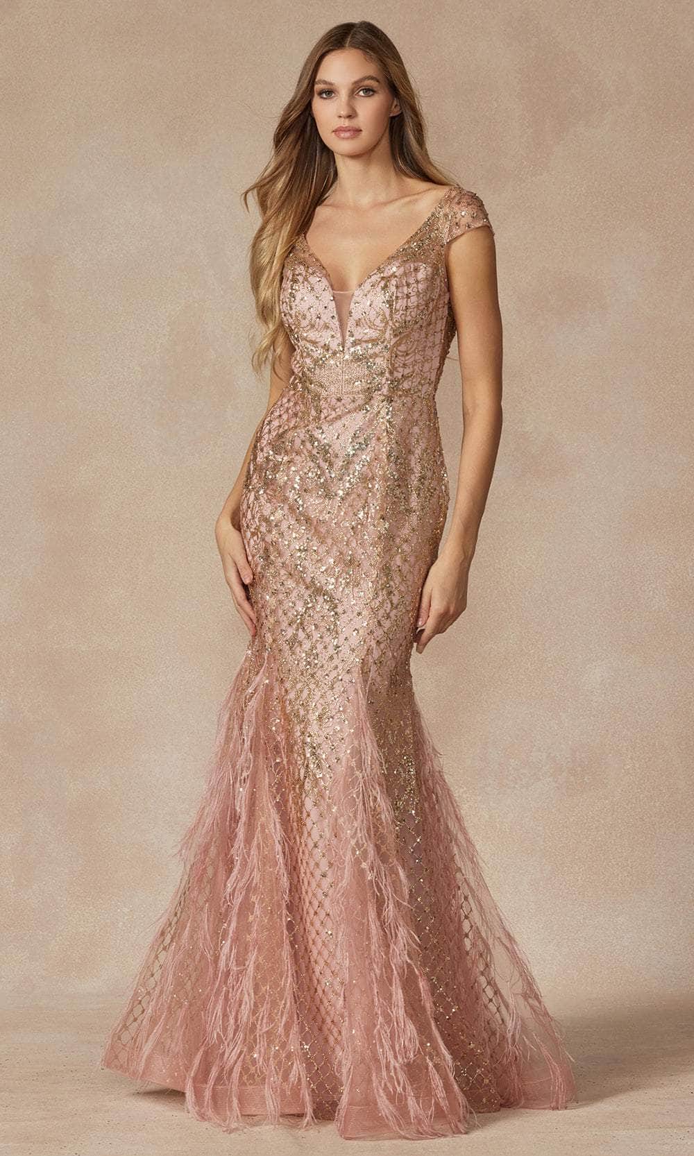 Juliet Dresses 286 - Sequin Feathered Mermaid Gown Evening Dresses XS / Rose Gold