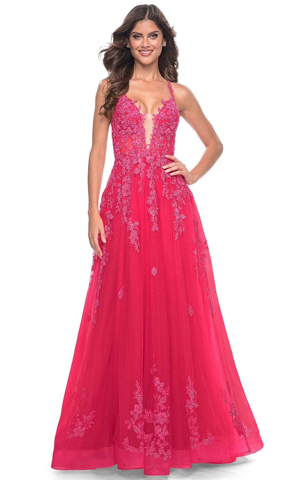 La Femme 32062 - Plunging Lace Applique Prom Gown
