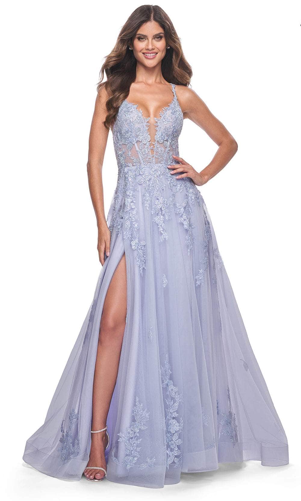 La Femme 32062 - Plunging Lace Applique Prom Gown