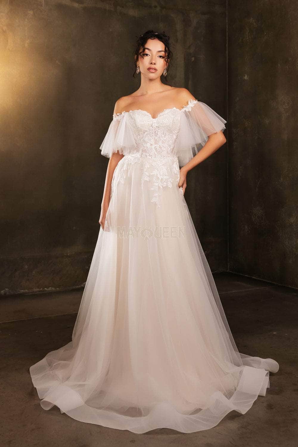 May Queen RQ8180 - Off Shoulder A-Line Applique Dress Wedding Dresses 4 / Ivory/Nude