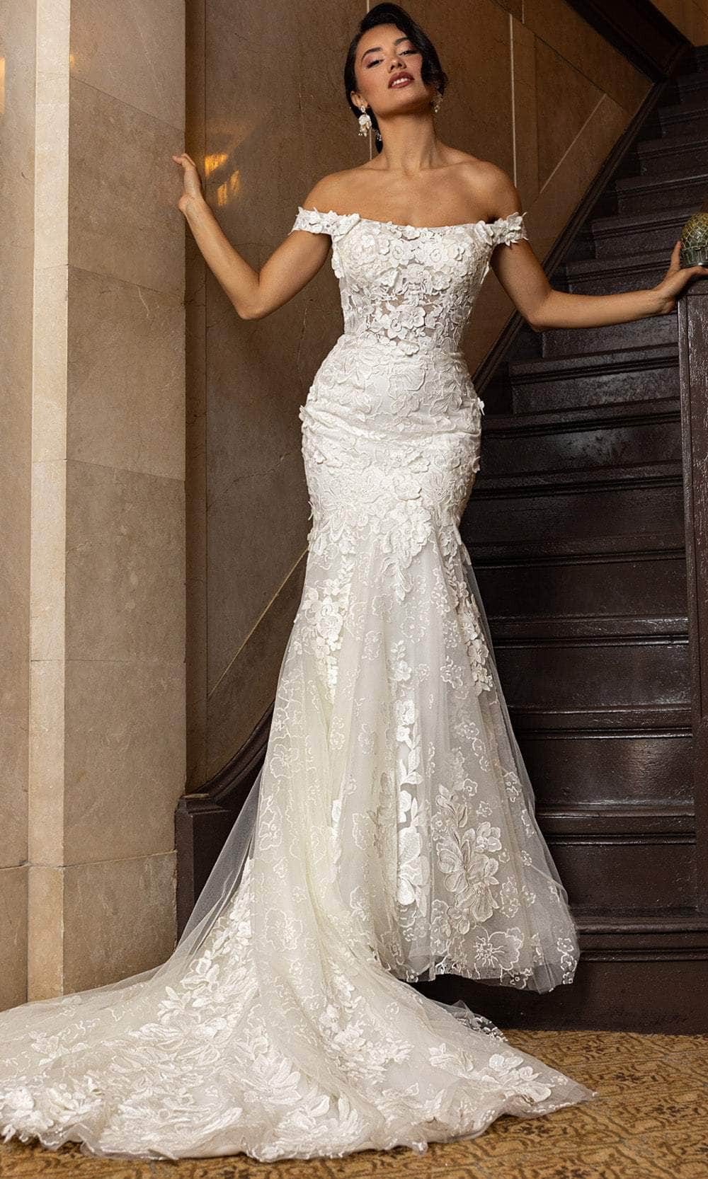 Rachel Allan RB5082 - Off-Shoulder Floral Lace Mermaid Gown