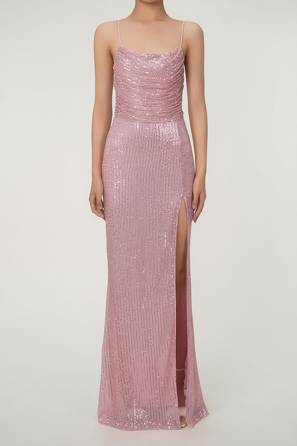 Sparkly Cowl Neck Lace Up Back High Slit Sequin Prom Maxi Dress - Pink